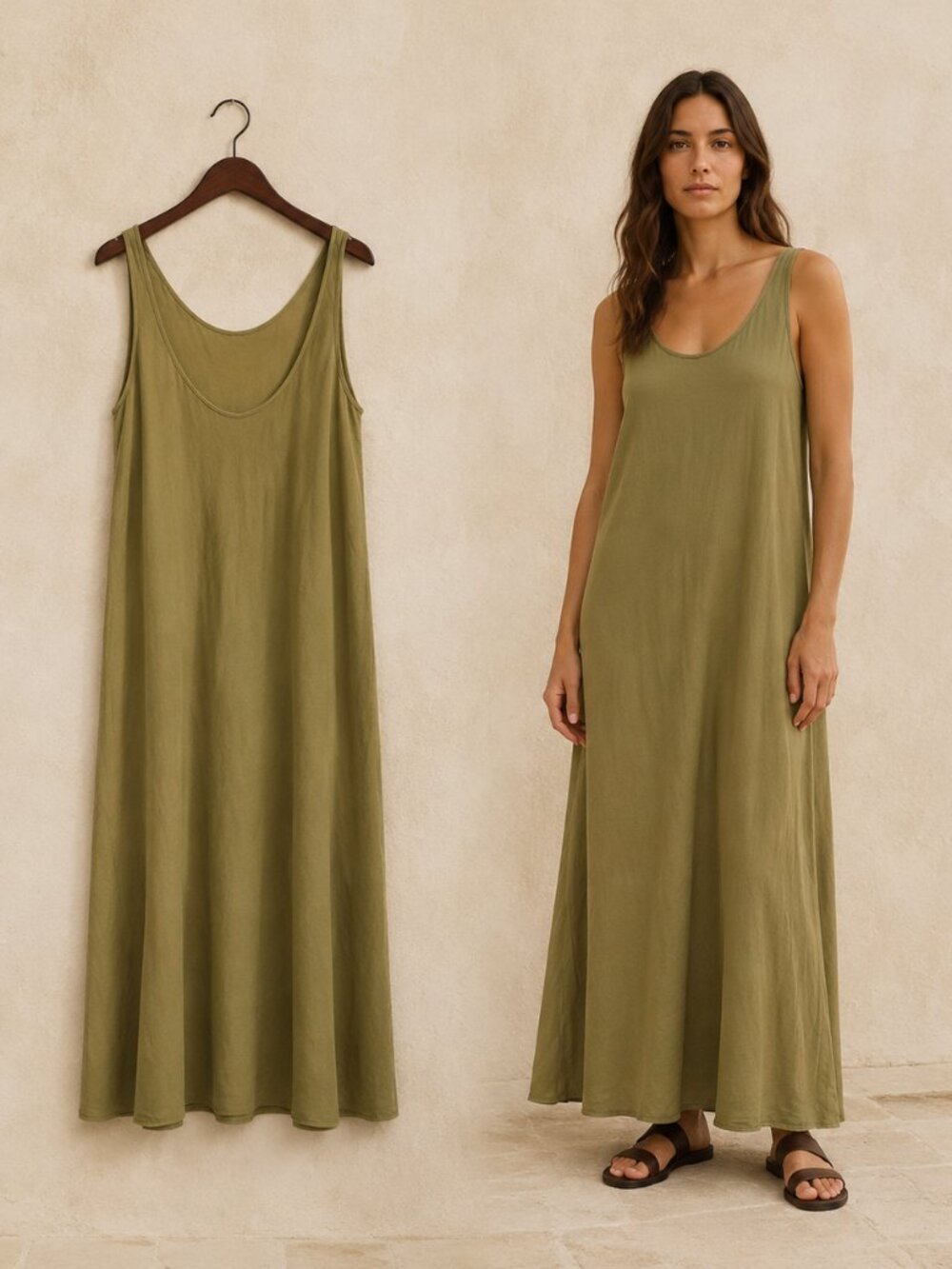 Massimo Dutti Olive Linen Viscose Maxi Dress S Resort Cruise Casual Beach Travel